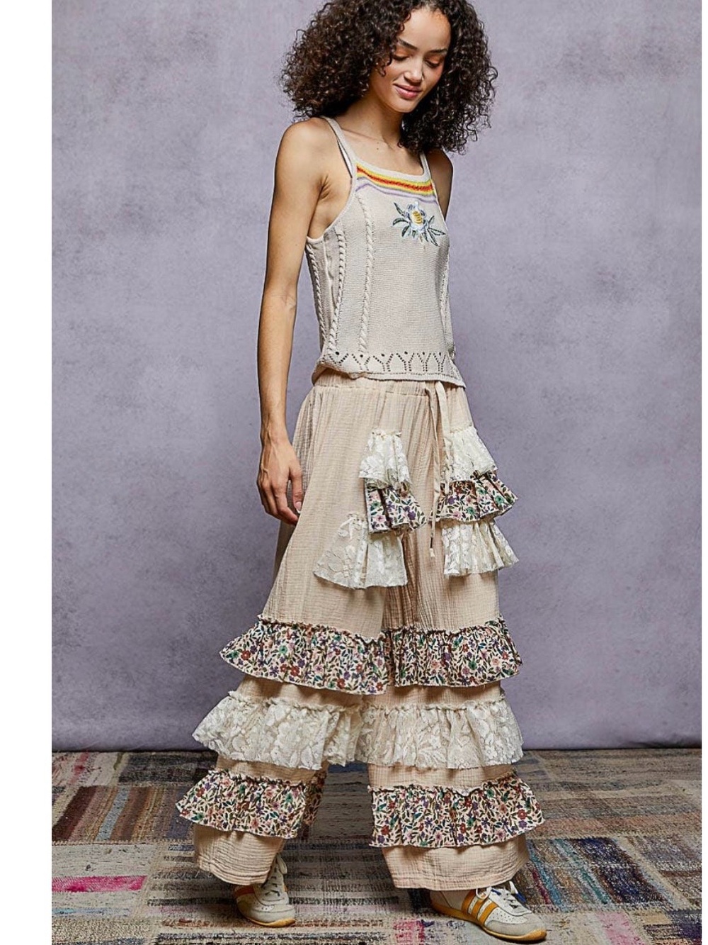 POL Tan & Floral Tiered Pants - Picture 3 of 5